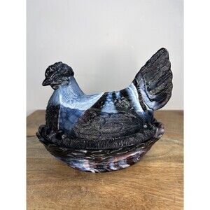 MOSSER RARE BLACK AMETHYST & WHITE MARBLE SLAG Vintage Art Glass Hen On Nest